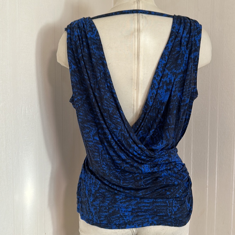 SPRING-VIBE | Helmut Lung Crossover Drape Open Back Top Blue/Black  Sz L NWOT
